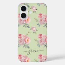Cute Girly Sage Green Pink Floral Personalized