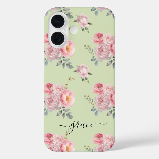 Cute Girly Sage Green Pink Floral Personalized Case-Mate iPhone Case (Back)