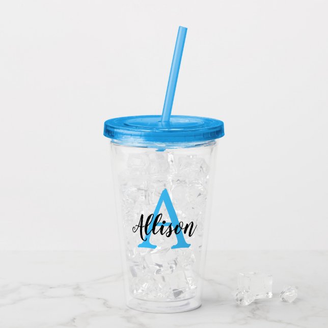 Cute Girly Script Blue Personalized Monogram Acrylic Tumbler (Back Ice)