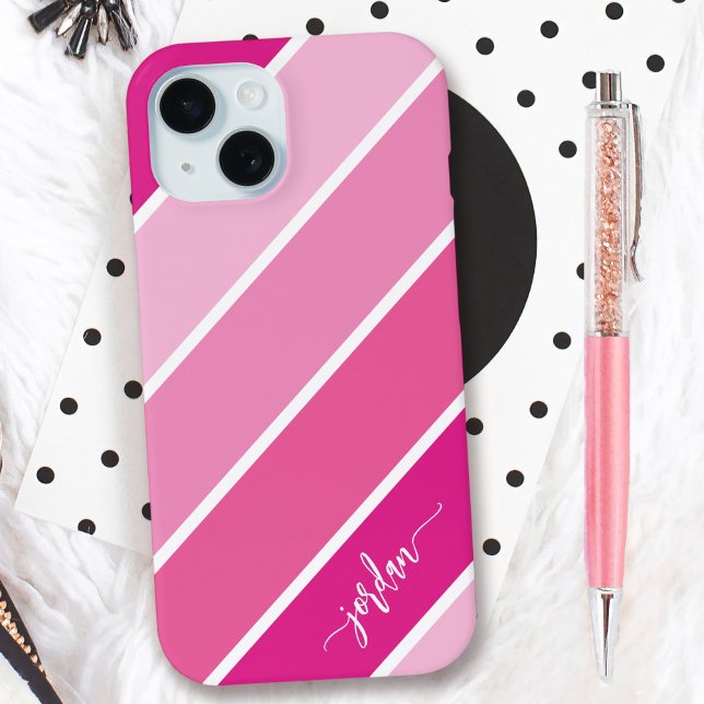 Cute Girly Script Name Pink Stripes Pattern Case-Mate iPhone Case (Creator Uploaded)