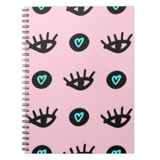 Cute girly seamless pattern with doodle eyes and h notebook