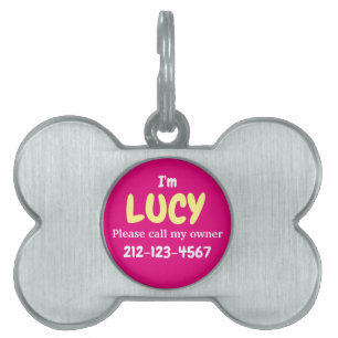 Cute Girly Silver Bone Shaped Hot Pink Customized Pet ID Tag