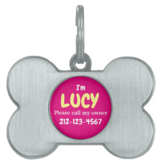 Cute Girly Silver Bone Shaped Hot Pink Customized Pet ID Tag