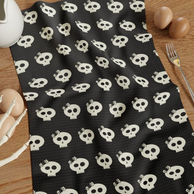 Cute Girly Skull Pattern Black Halloween Kitchen Towel (Cute skull pattern kitchen towel for your Halloween Kitchen)