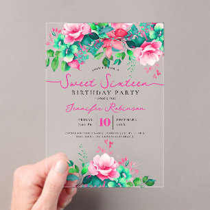 Cute Girly Spring Floral Sweet 16 Birthday Party  Acrylic Invitations