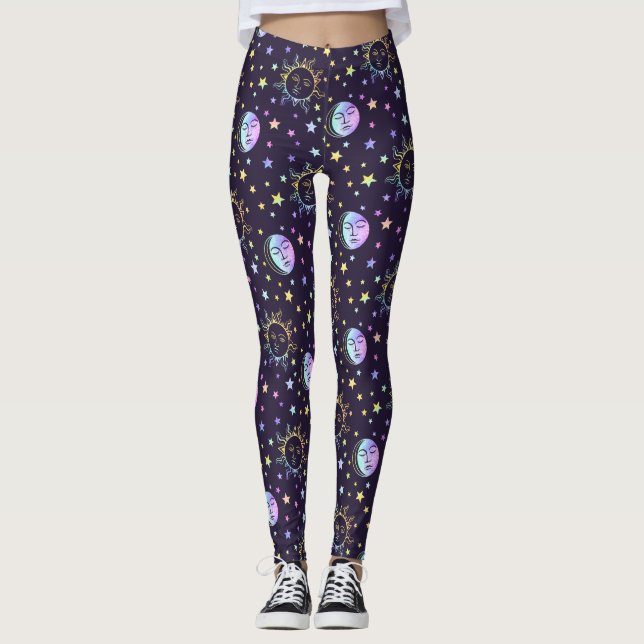  Cute Girly Stars Sun And Moon Pretty Magic Purple Leggings (Front)