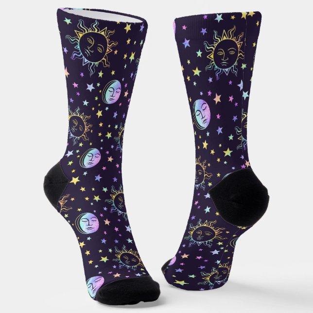  Cute Girly Stars Sun And Moon Pretty Magic Purple Socks (Angled)