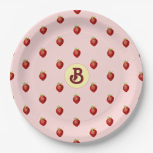 Cute Girly Strawberry Pink Name Monogram Paper Plate
