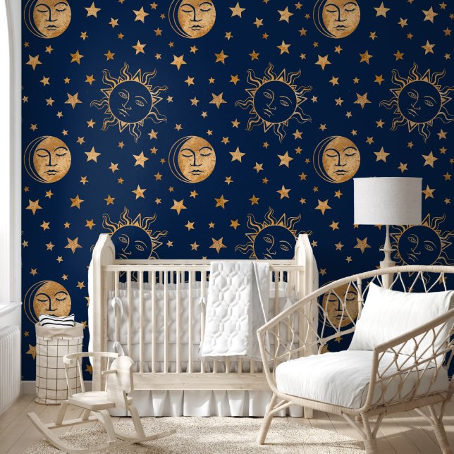 Cute Girly Sun Moon & Stars Magic Gold & Navy Blue Wallpaper (Kids)