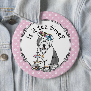 Cute Girly Tea Party Old English Sheepdog (Gray 1) 6 Inch Round Button