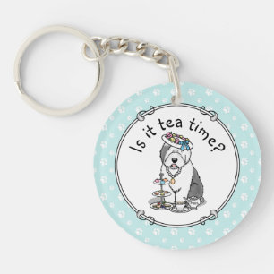 Cute Girly Tea Party Old English Sheepdog (Grey 1) Keychain