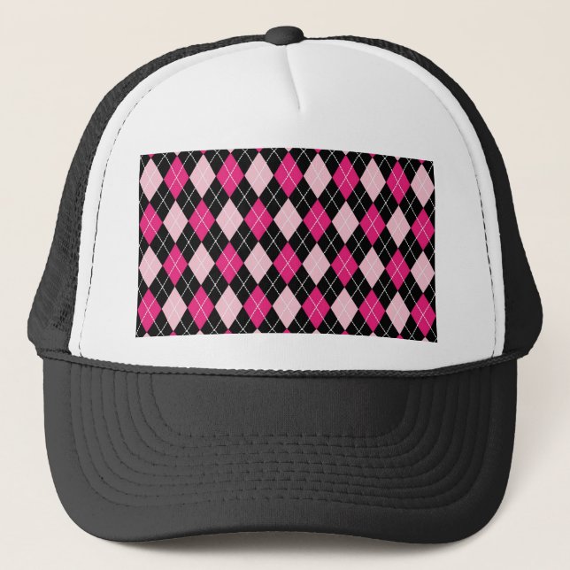 Cute girly trendy Argyle pattern hot and soft pink Trucker Hat (Front)
