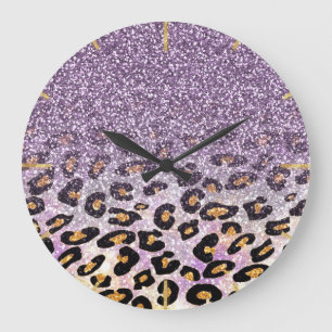 Cute girly trendy purple faux glitter leopard large clock