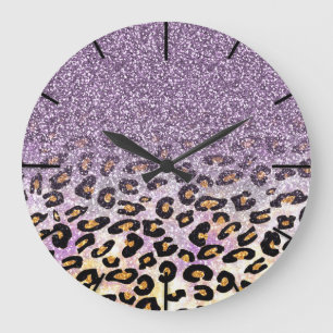 Cute girly trendy purple faux glitter leopard large clock