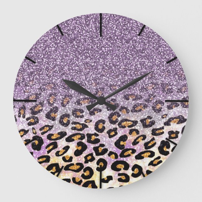 Cute girly trendy purple faux glitter leopard large clock (Front)