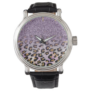 Cute girly trendy purple faux glitter leopard watch