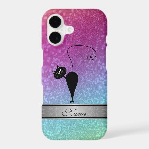 Cute girly trendy rainbow glittery cat monogram