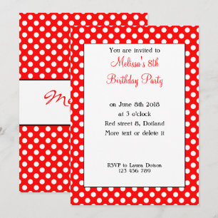 Cute Girly Trendy Red White polka dots Bday Invite