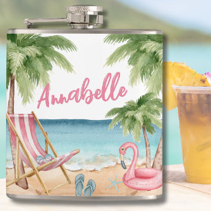 Cute Girly Tropical Beach Name Hip Flask