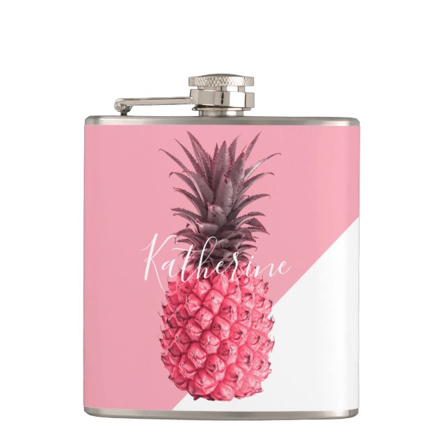 Cute girly tropical pink and white pineapple hip flask (Front)