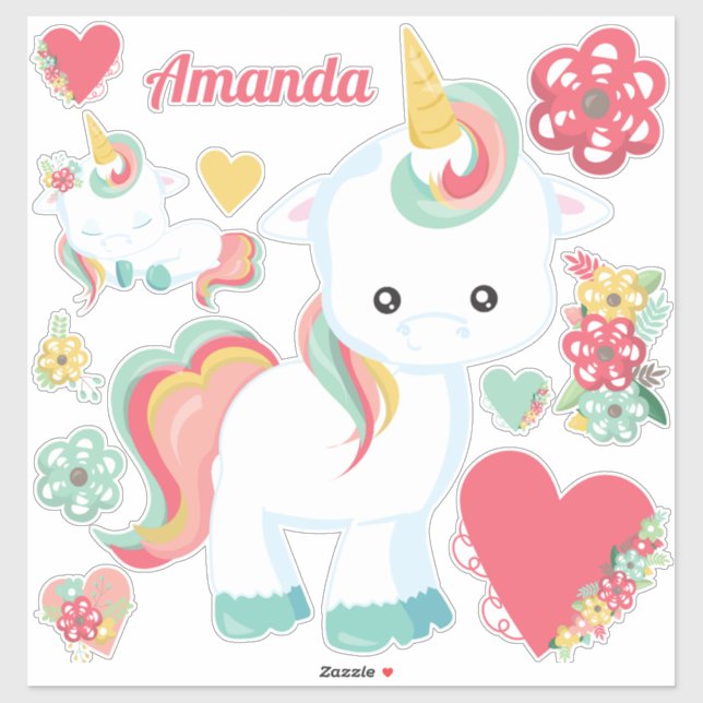 Cute Girly Unicorn Hearts Floral (Sheet)