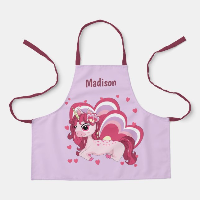 Cute Girly Unicorn Kids Personalized Name Apron (Front)