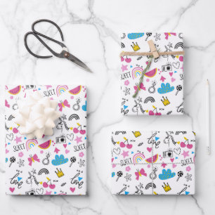 Cute Girly Unicorn Rainbow Hearts Colourful Patter Wrapping Paper Sheet