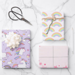 Cute Girly Unicorn Rainbow Stars Custom Wrapping Paper Sheet