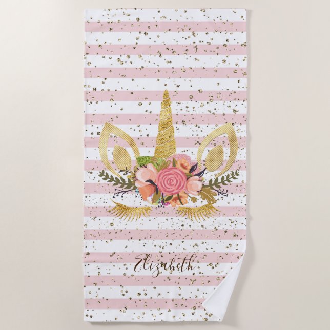Cute Girly  Unicorn, Striped   -Personalized Beach Towel (Front)