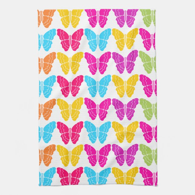 Cute Girly Vibrant Rainbow Butterfly Pattern  Kitchen Towel (Vertical)