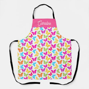 Cute Girly Vibrant Rainbow Butterfly Pattern Name Apron