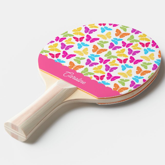 Cute Girly Vibrant Rainbow Butterfly Pattern Name Ping Pong Paddle (Back Angle)