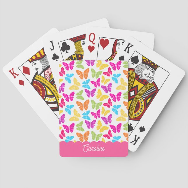 Cute Girly Vibrant Rainbow Butterfly Pattern Name Playing Cards (Back)