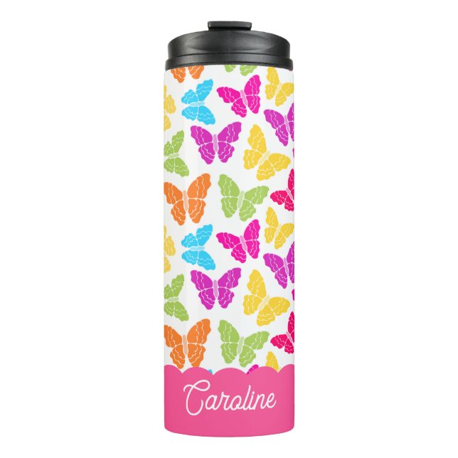 Cute Girly Vibrant Rainbow Butterfly Pattern Name Thermal Tumbler (Front)