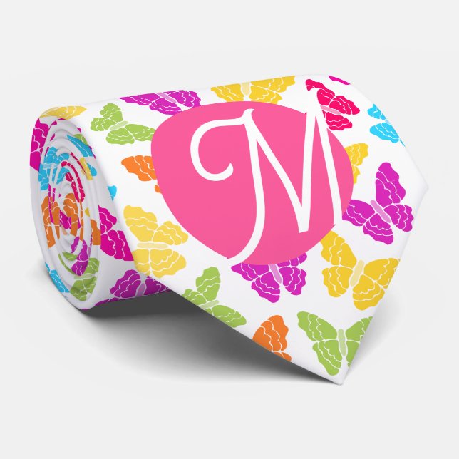 Cute Girly Vibrant Rainbow Butterfly Pattern Name Tie (Rolled)