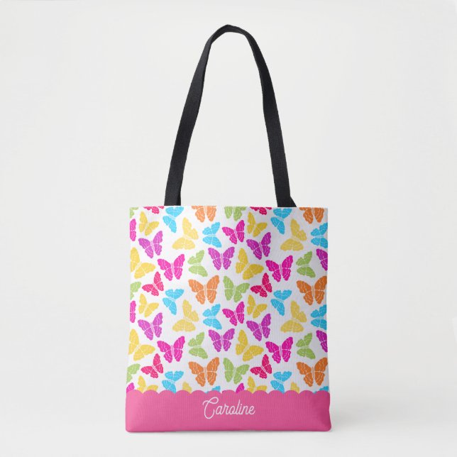 Cute Girly Vibrant Rainbow Butterfly Pattern Name Tote Bag (Front)