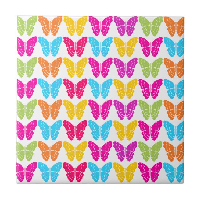 Cute Girly Vibrant Rainbow Butterfly Pattern  Tile (Front)
