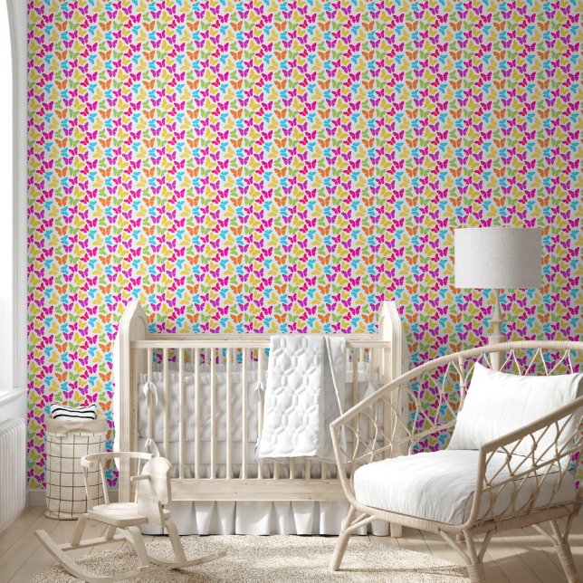 Cute Girly Vibrant Rainbow Butterfly Pattern Wallpaper (Kids)