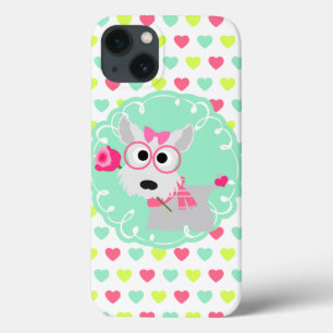 Cute Girly Westie Puppy Pink Mint Hearts Pattern iPhone 13 Case