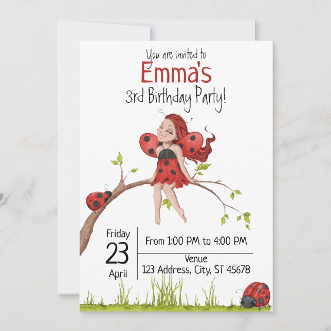 Cute Girly Whimsical LadyBug 3rd Birthday Invitation (Front)