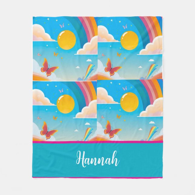 Cute Girly Whimsical Rainbow Happiness Personalize Fleece Blanket (Front)