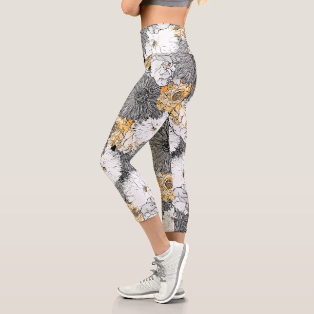 Cute Girly Yellow & Grey Floral Illustration Capri Leggings (Left)