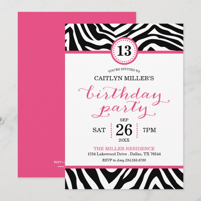 Cute Girly Zebra Imprimer Invitation de fête d'ann (Devant / Derrière)