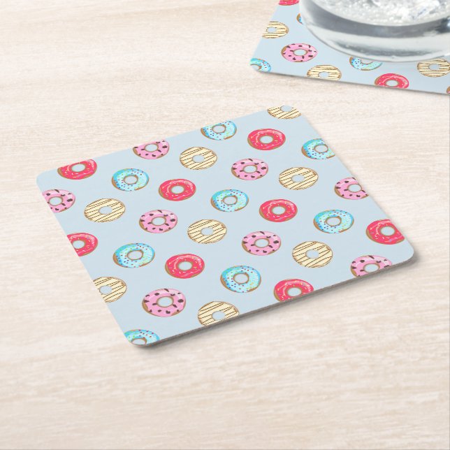 Cute Glazed Doughnut Pattern Light Blue Square Paper Coaster (Angled)