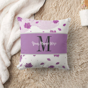 Cute Glitter Autumn Fall Leaves Pink Add Your Name Throw Pillow