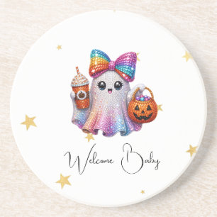 Cute Glitter Bow Ghost Halloween Coffee Mug Coaster