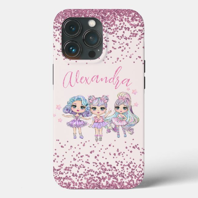 Cute Glitter Dolls Girl's Name on Pink Case-Mate iPhone Case (Back)