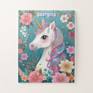 Cute Glitter Floral Unicorn Personalized Kids Jigsaw Puzzle