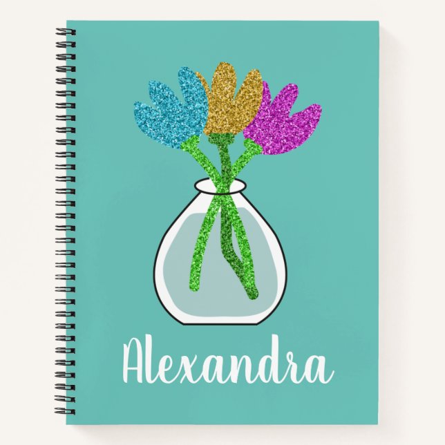 Cute Glitter Flowers Personalized  Notebook (Front)