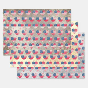   Cute Glitter Hearts Patriotic American USA Flag  Wrapping Paper Sheet